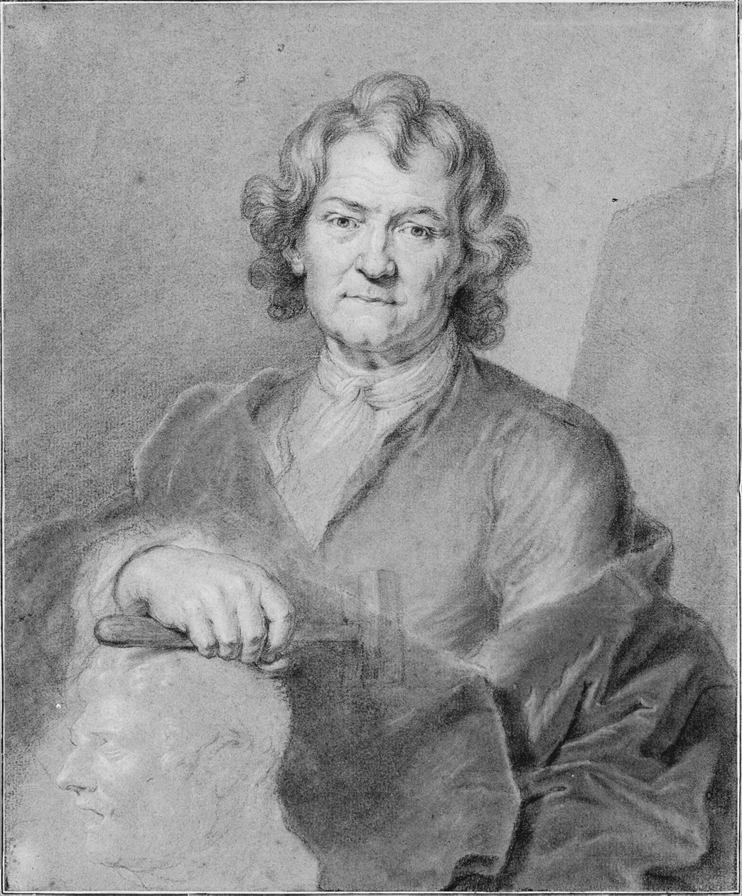 Pierre Puget portréja, jobb keze kalapácsot tartva egy faragott fejen nyugszik alkotó: Hyacinthe Francois Rigaud