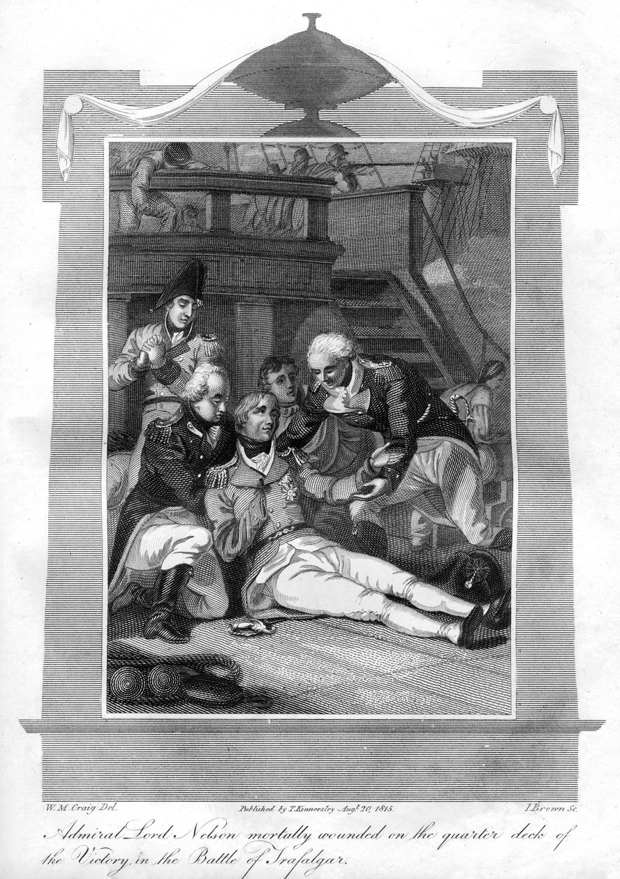 Nelson admirális, aki halálosan sebesülten fekszik a HMS Victory negyed fedélzetén, 1816. alkotó: I. Brown