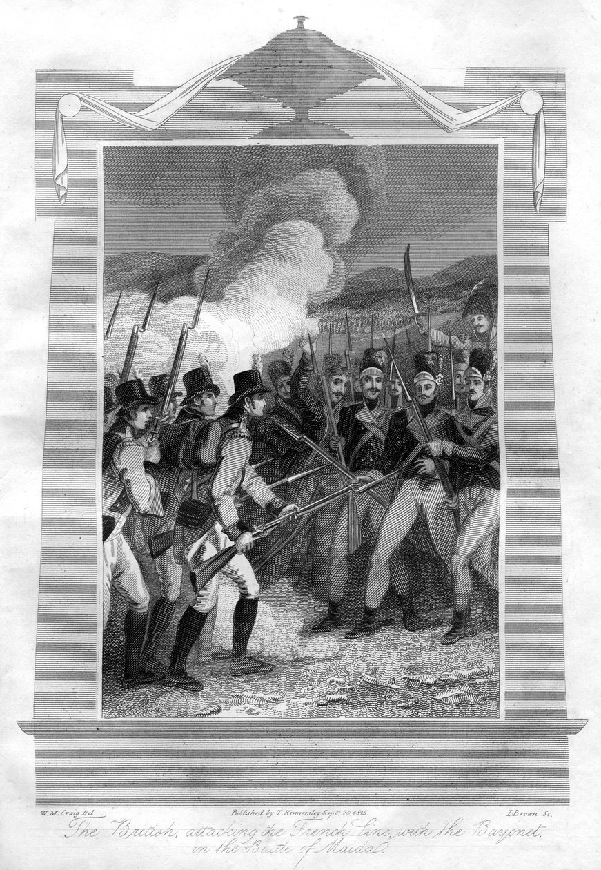 A britek szuronyokkal támadják a francia vonalat az 1816-os maidai csatában. alkotó: I. Brown