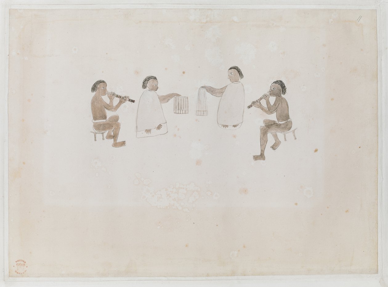 Tahiti zenészei. Négy tahiti, ketten az orrfuvolán játszó kancába öltözve; ketten a tiputa dobba öltözve, Rögzítve: Joseph Banks Journal I, 290 alkotó: I. F. Miller