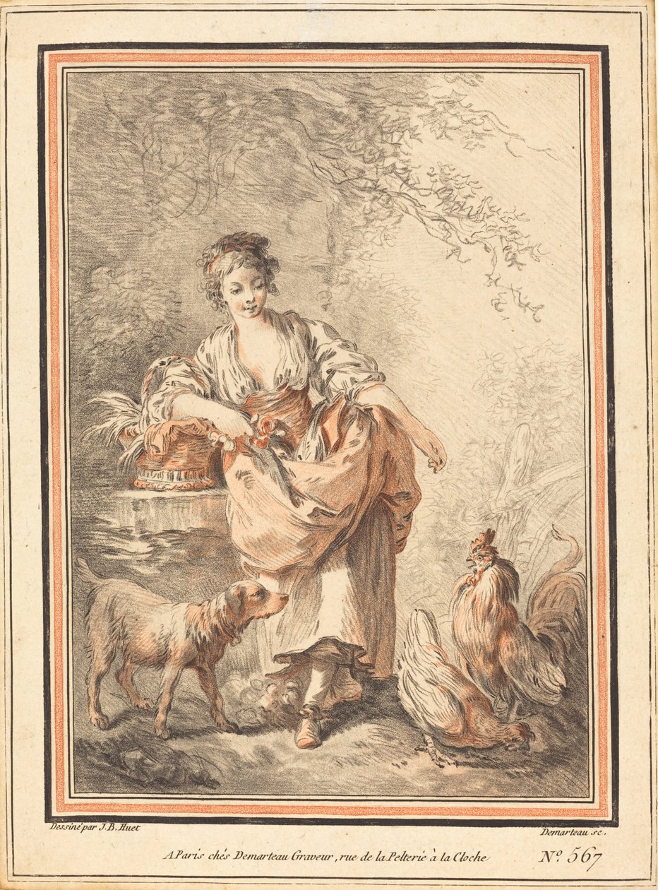 Csirkét etető nő alkotó: I Gilles Antoine Demarteau after Jean Baptiste Hüet