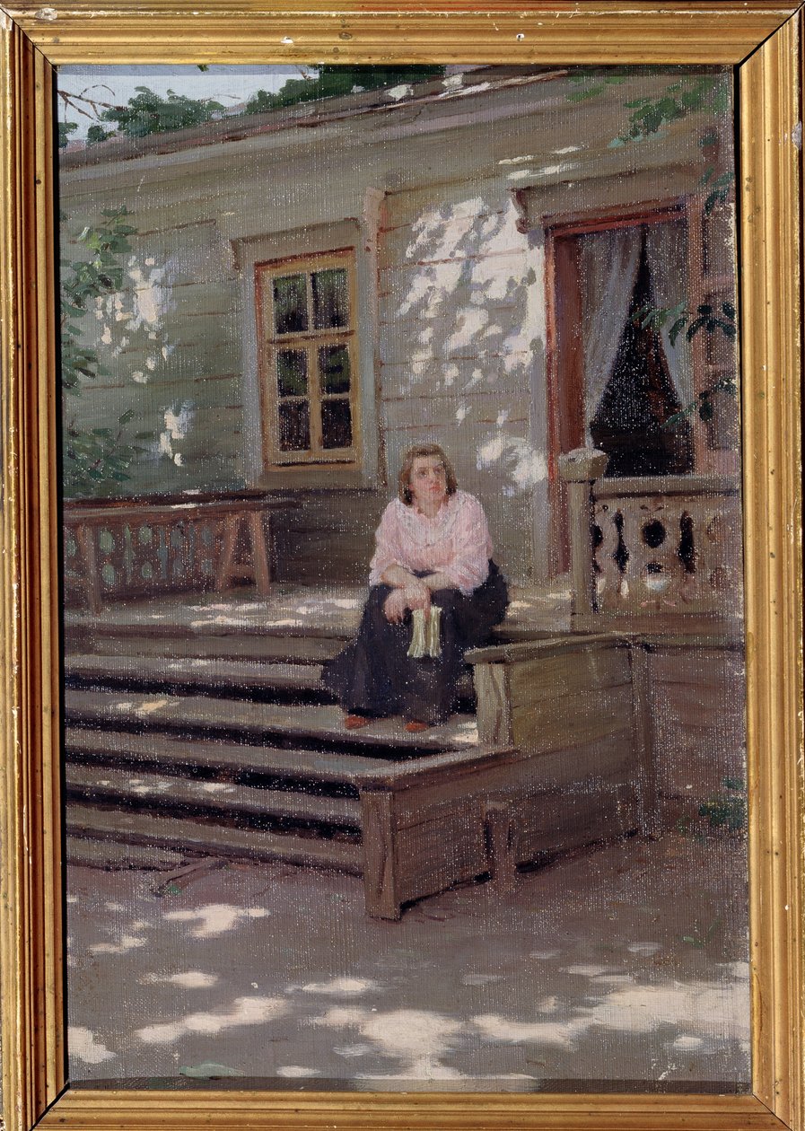A verandán (At the Porch). Egy nő egyedül ül a lépcsőn egy ház előtt, és úgy tűnik, hogy vár valakire. Jakov Jakovlevich Kalinichenko (1869-1938) festménye, olaj, vászon alkotó: Iakov Kalinichenko