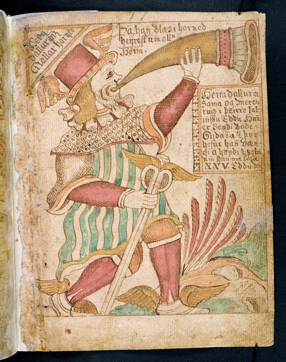 Heimdal kürtöt fúj Ragnarok előtt, a Melsteds Edda-tól (toll, tinta és WC papíron) alkotó: Icelandic School