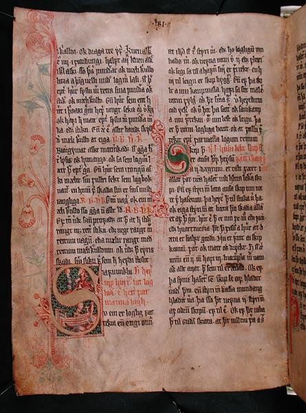 Történelmi "S" és "P" kezdőbetűk, a "Skarosbok"-ból ("A Skard könyve") 1350 körül (vellum) alkotó: Icelandic School