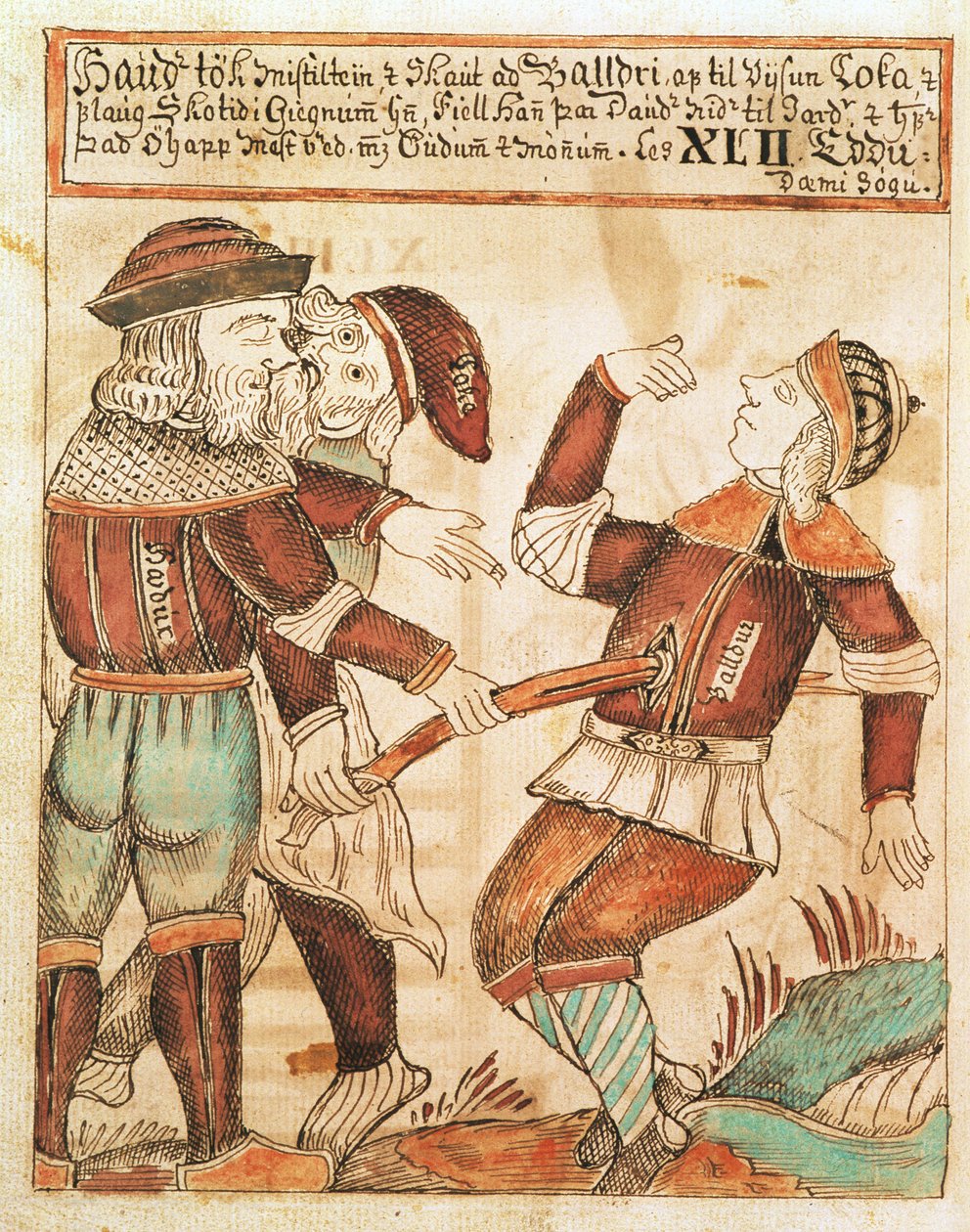 Ny Kgl Saml 1867.4, s.95v The Killing of Balder (toll, tinta és akvarell papíron) (lásd még: 169947) alkotó: Icelandic School