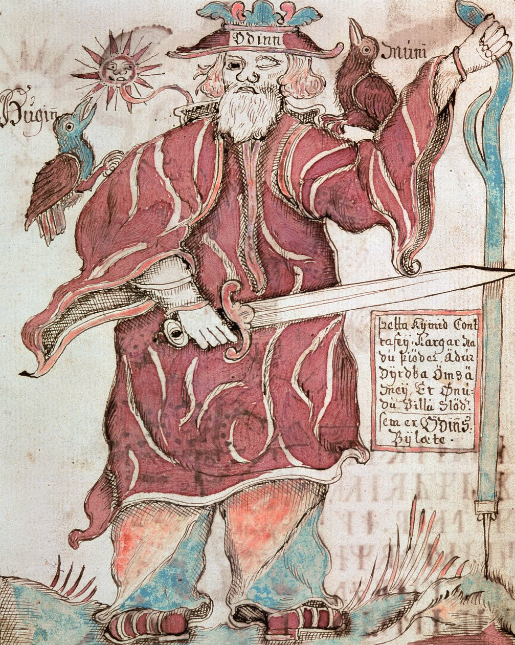 Odin, két varjújával, Huginnal (gondolat) és Muninnal (emlékezet) alkotó: Icelandic School