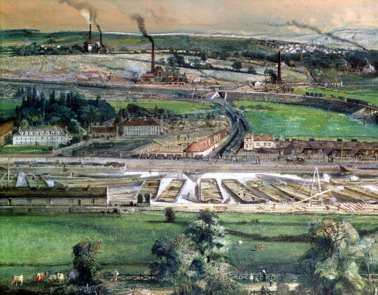 Ipari táj a Blanzy szénmezőn, Saone-et-Loire, 1860 körül wc, 157397 papír részlete alkotó: Ignace Francois Bonhomme