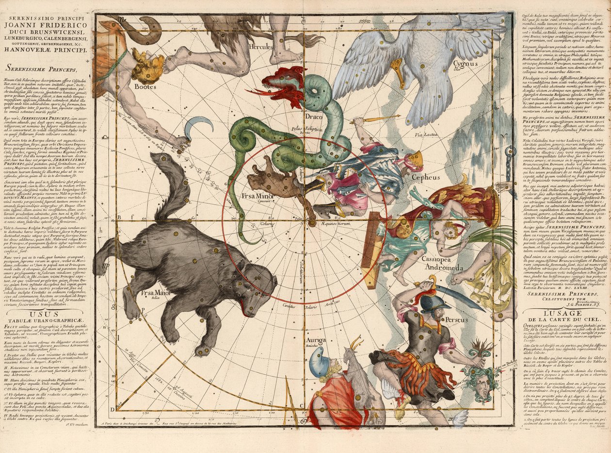 Északi-sark, 1. tábla a mennyei földgömb leírásából lapos keretben, kocsma. 1674 (kézzel színezett metszet) alkotó: Ignace Gaston Pardies