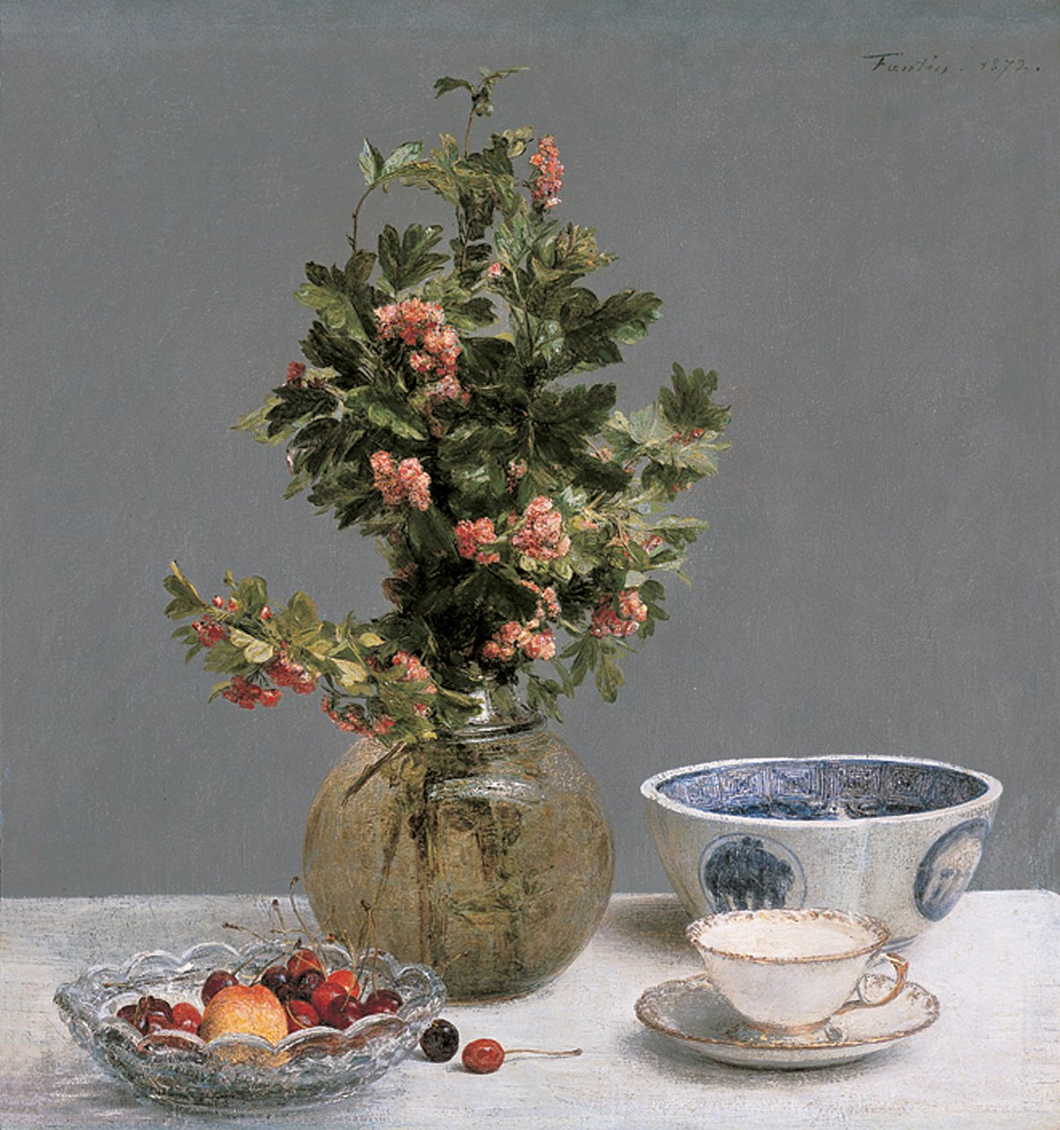 Csendélet galagonya vázával, tál cseresznyével, japán tállal, csészével és csészealjjal alkotó: Ignace Henri Jean Fantin Latour