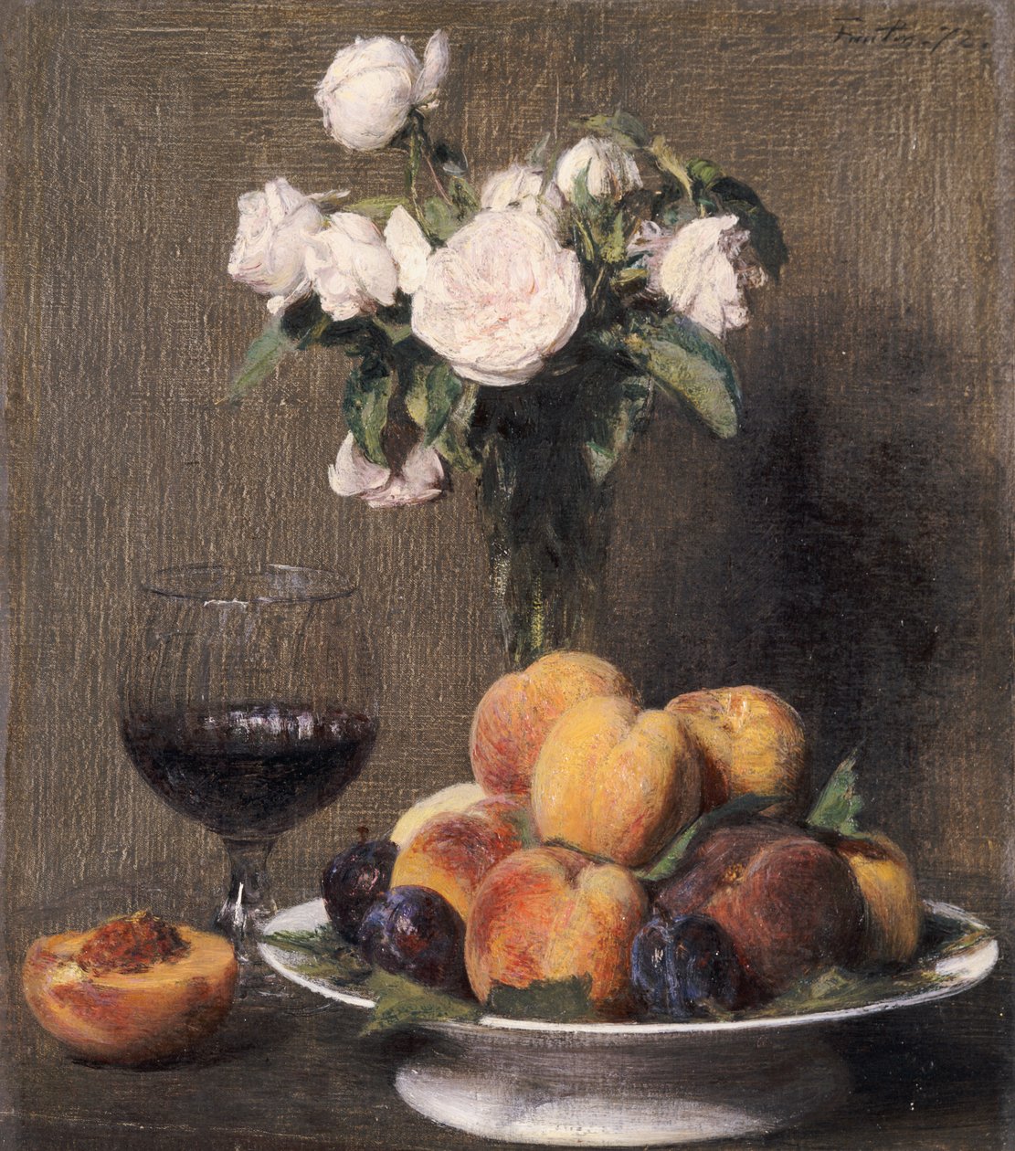 Csendélet rózsákkal, gyümölccsel és egy pohár borral, 1872 alkotó: Ignace Henri Jean Fantin Latour