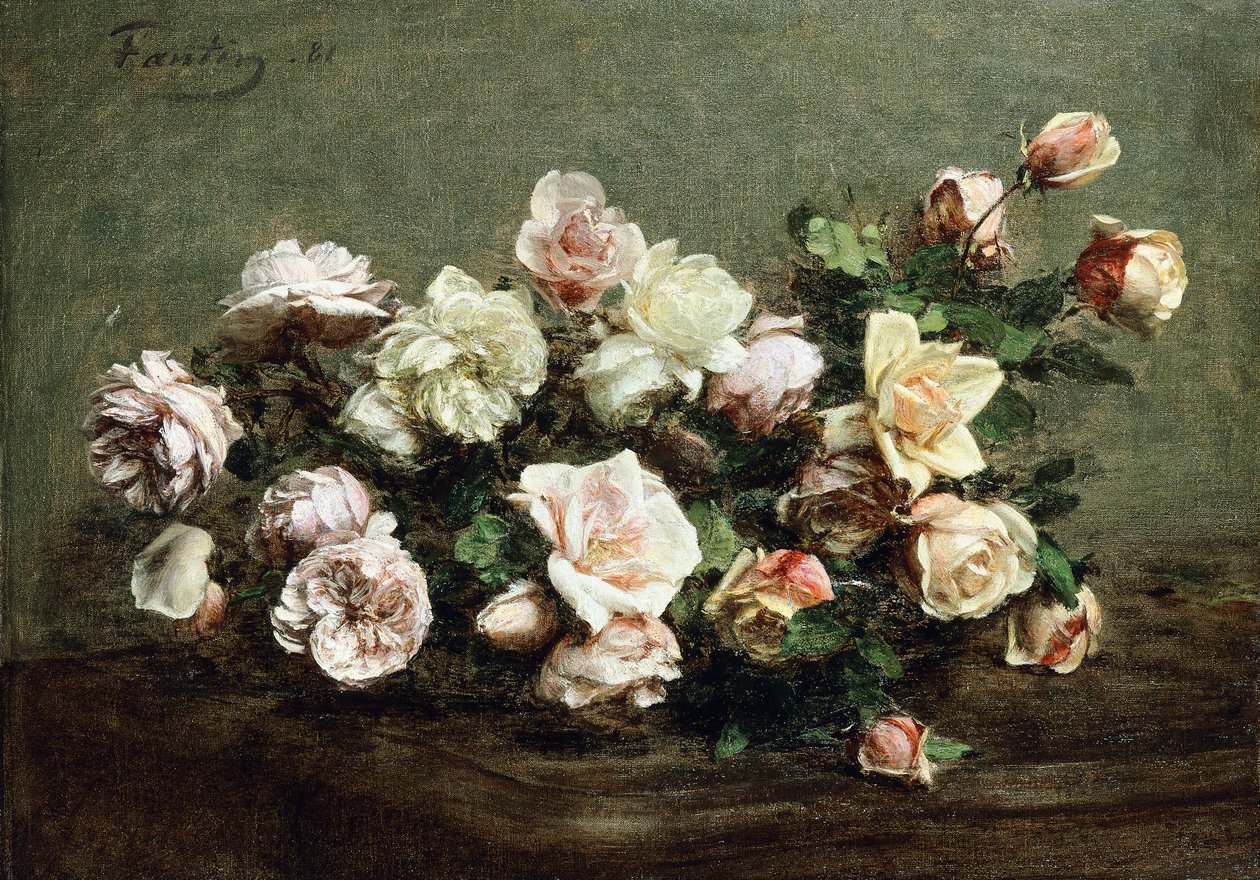Váza fehér rózsákkal az asztalon; Váza fehér és rózsaszín rózsákkal az asztalon, alkotó: Ignace Henri Jean Fantin Latour
