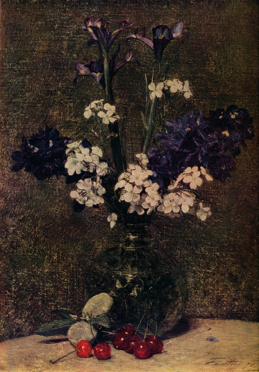 Virágváza, cseresznyével és mandulával az asztalon, Nature morte, íriszek, Delphinium hibridek a alkotó: Ignace Henri Jean Fantin Latour