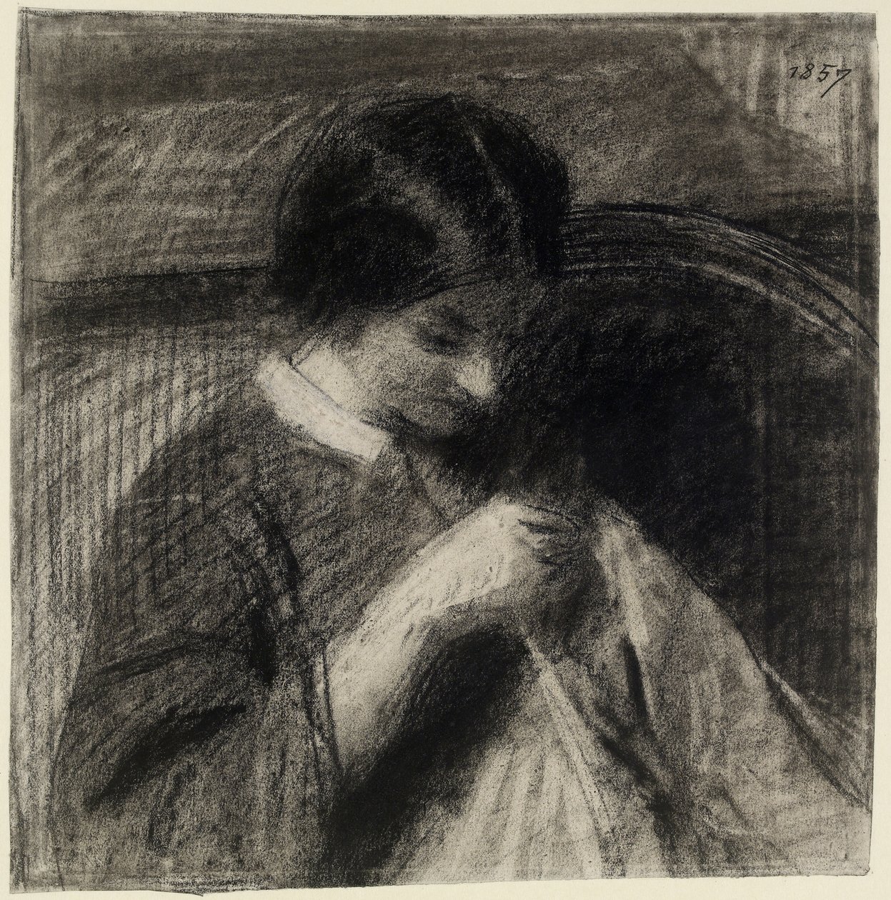 Női varrás (szén ütésekkel és törlésekkel, fehér krétával érintve fehér papíron) alkotó: Ignace Henri Jean Fantin Latour