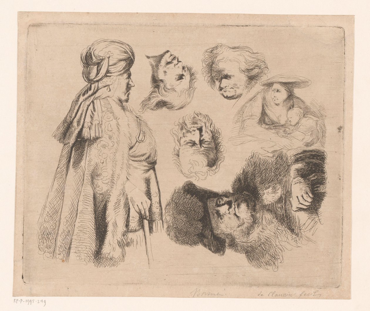 Kompozíció keleti férfival, gyermekes nővel és négy férfifejjel alkotó: Ignace Joseph de Claussin (attributed to)