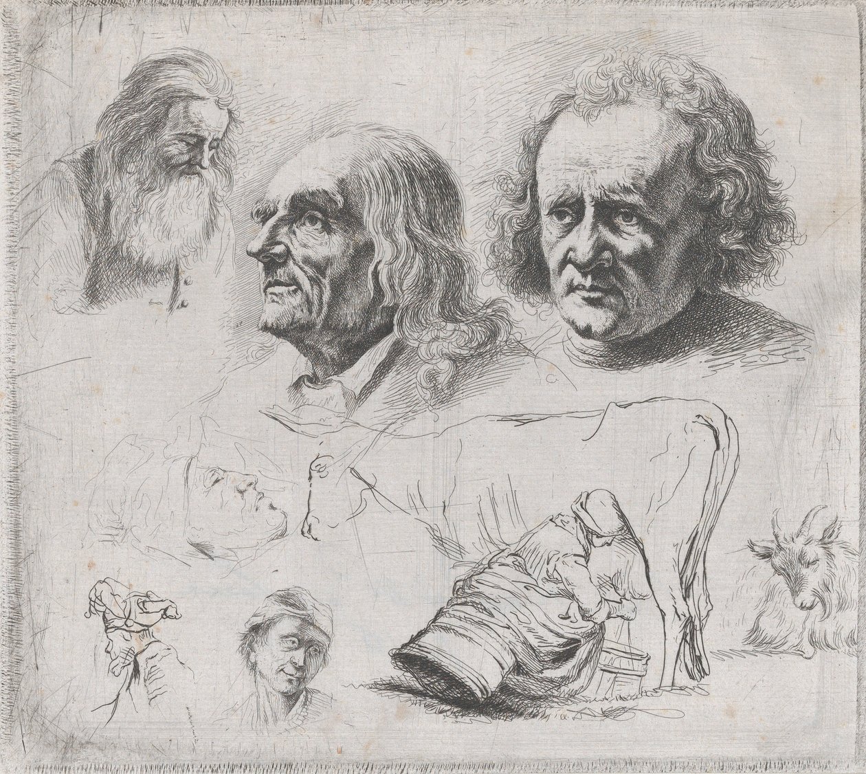 Tanulmány hat fejről és egy tejeslányról, 1816. alkotó: Ignace Joseph de Claussin
