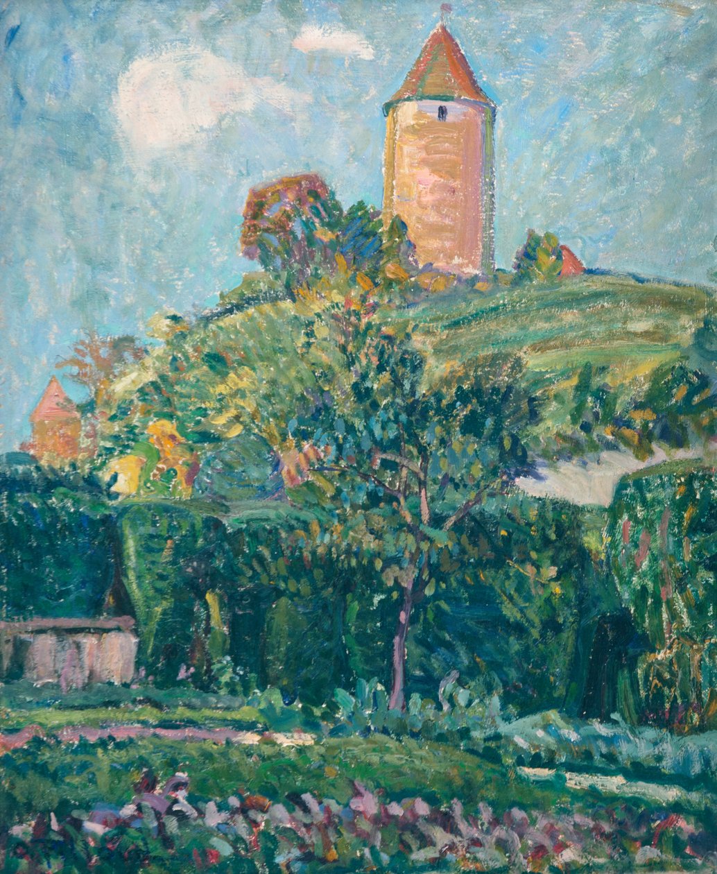 Romont kilátása (olaj, karton) alkotó: Ignace Nazaire Oswald Pilloud