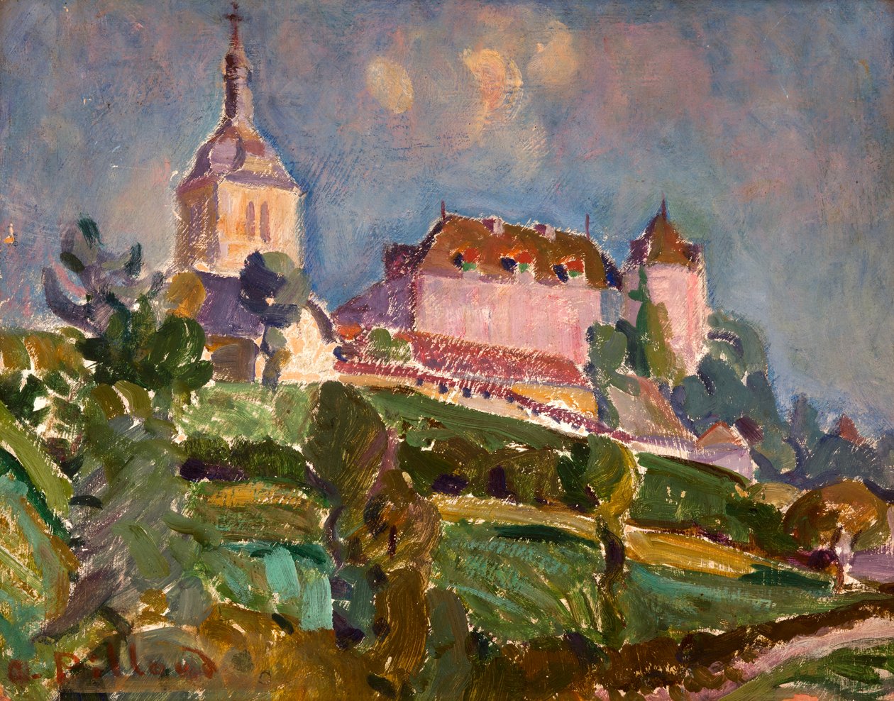Kilátás a kastélyra és a Gruyères-i templomra, 1925-30 körül (olaj, karton) alkotó: Ignace Nazaire Oswald Pilloud