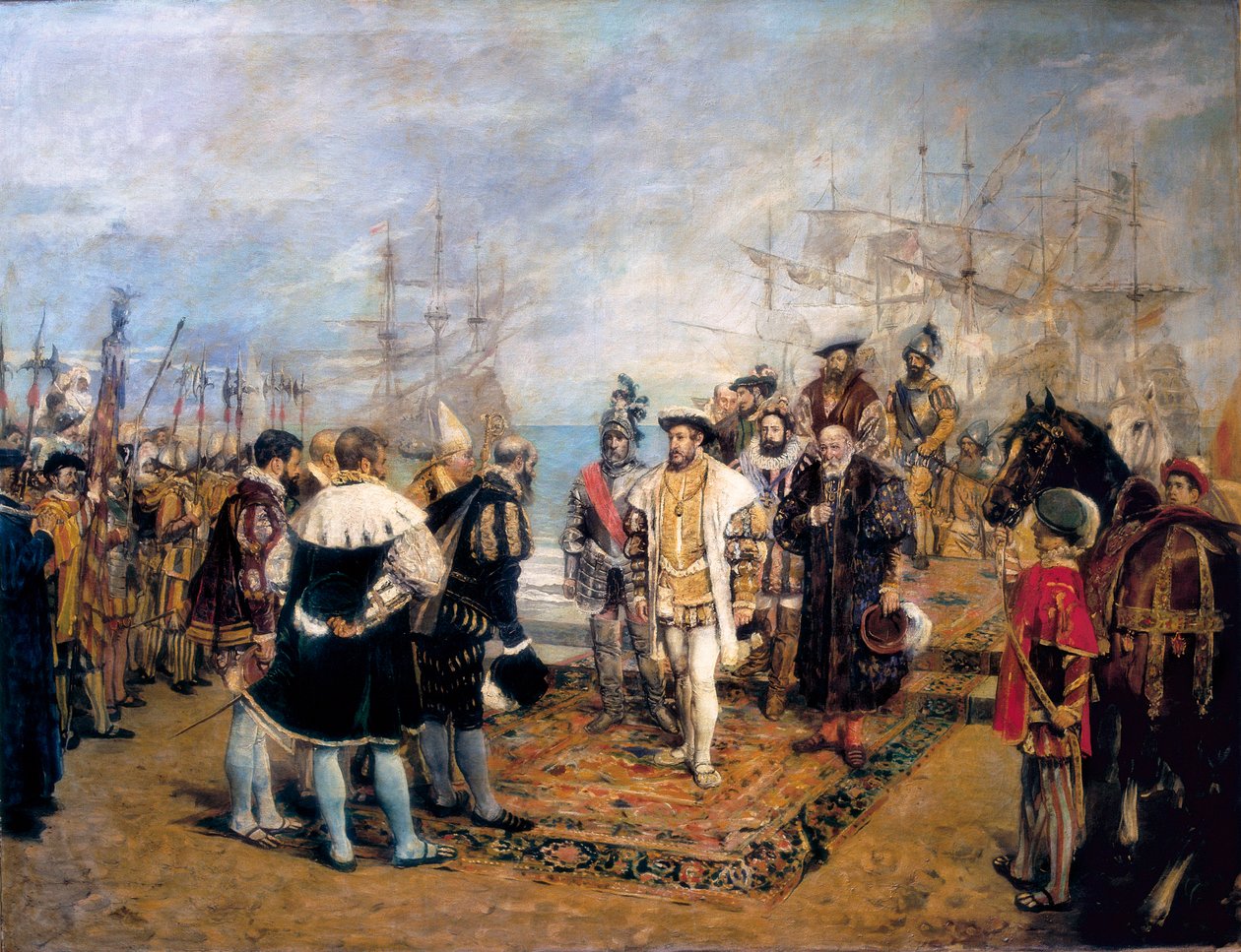 I. Francois (1494-1547) partraszállása Valencia kikötőjében (Spanyolország). Luis Villarrasa de Cavanilles (?), a város kormányzója üdvözli a francia királyt. Ignacio Pinazo Camarlench (1849-1916) festménye, olaj, vászon alkotó: Ignacio Pinazo Camarlech