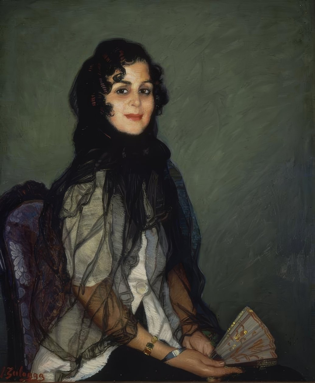 FEHÉR ANGUSTIAS FEKETE MANTILLA ÉS LEGyEZŐVEL - XX SZÁZAD - O / L - 95X79CM alkotó: Ignacio Zuloaga y Zabaleta