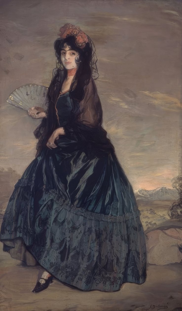 NŐ TAKARÓVAL, VIRÁGAL ÉS LEGyEZŐVEL - VÁSZONOLAJ - 199 × 120,5 CM alkotó: Ignacio Zuloaga y Zabaleta