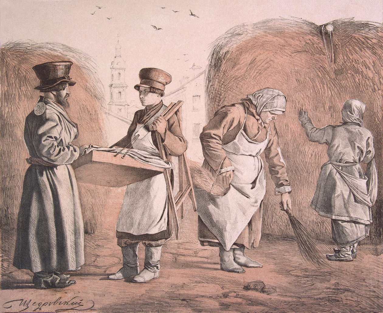 Utcai piteboltozat és Coachman az Ezek a mi embereink sorozatból, 1842 alkotó: Ignati Stepanovich Shchedrovsky