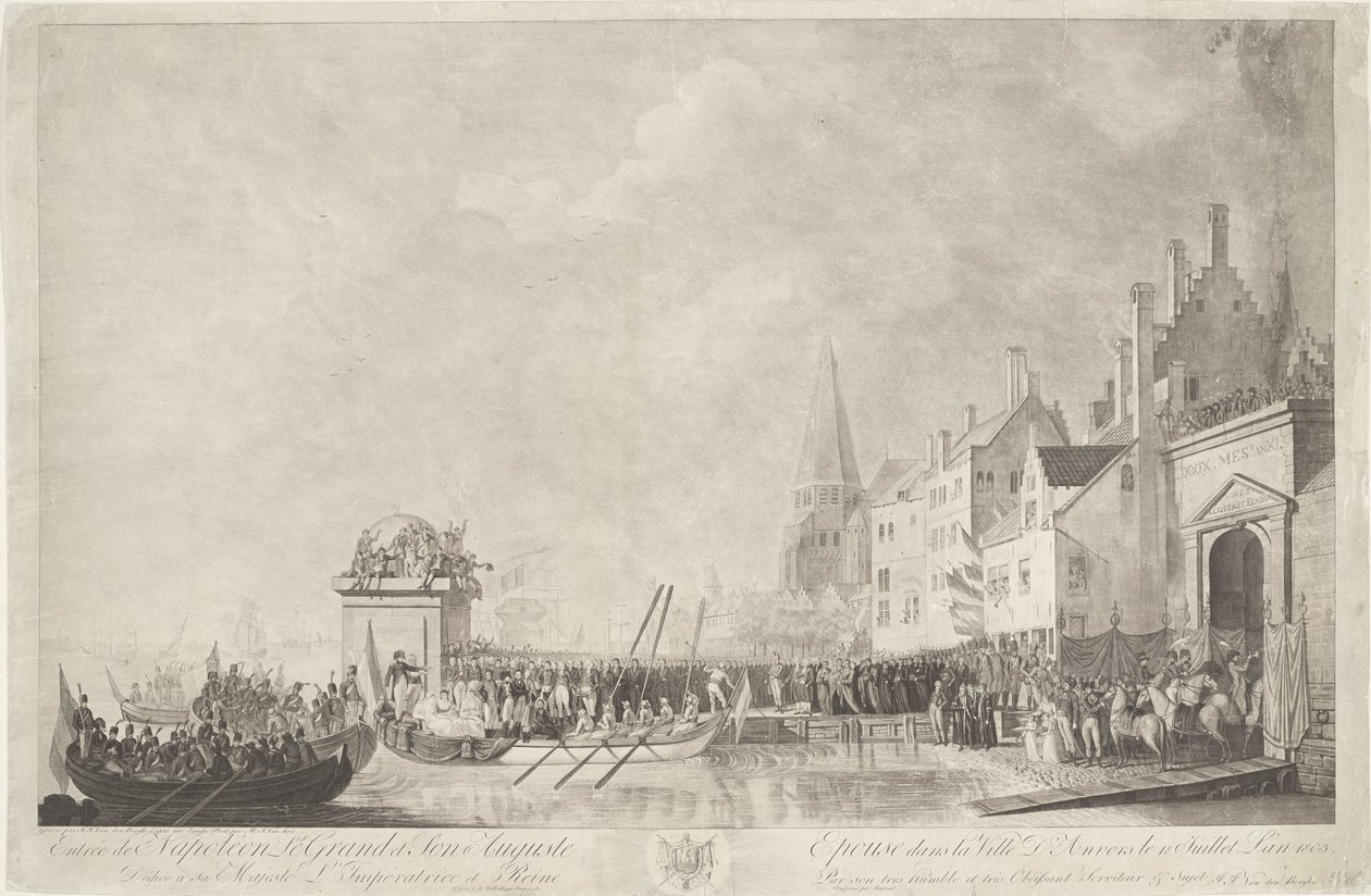 Aankomst van Napoleon Josephine te Antwerpenben, 1803 Nagy Napóleon és Auguste hitvese belépése Antwerpen városába 1803. július 18-án (cím a tárgyon) alkotó: Ignatius Joseph van den Berghe