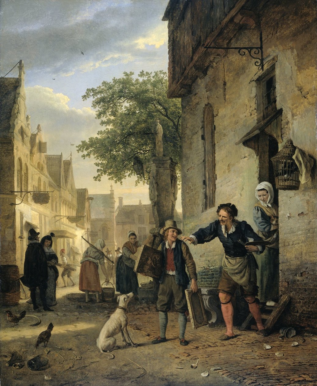 Jan Steen kiküldi fiát az utcára, hogy festményeket cseréljen sörre és borra alkotó: Ignatius Josephus van Regemorter