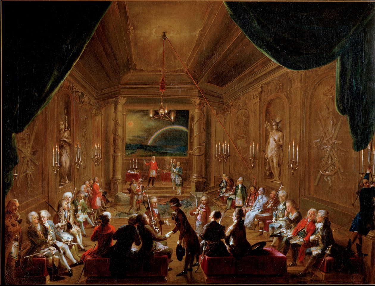 A Crown Esperance Maconic Páholyának (Franc Macon találkozója, Zur gekronten Hoffnung) bécsi találkozója 1790-ben. Wolfgang Amadeus Mozart (1756-1791) közvetlenül az előtérben ül. Unterberger Ignaz festménye. Bécs Város Történelmi Múzeuma Vie alkotó: Ignaz Unterberger