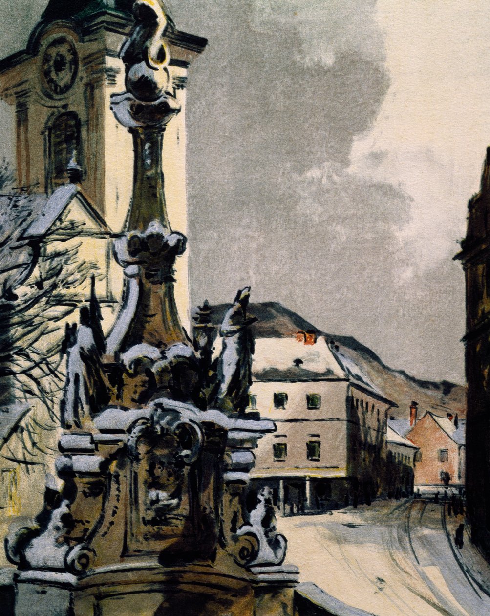 Kilátás Hainburg an der Donaura, Ausztriára, városra, ahol Franz Joseph Haydn (1732-1809) zenét tanult 1738 és 1740 között, Igo Potsch (1884-1943) nyomata a zenész halálának századik évfordulója alkalmából alkotó: Igo Potsch