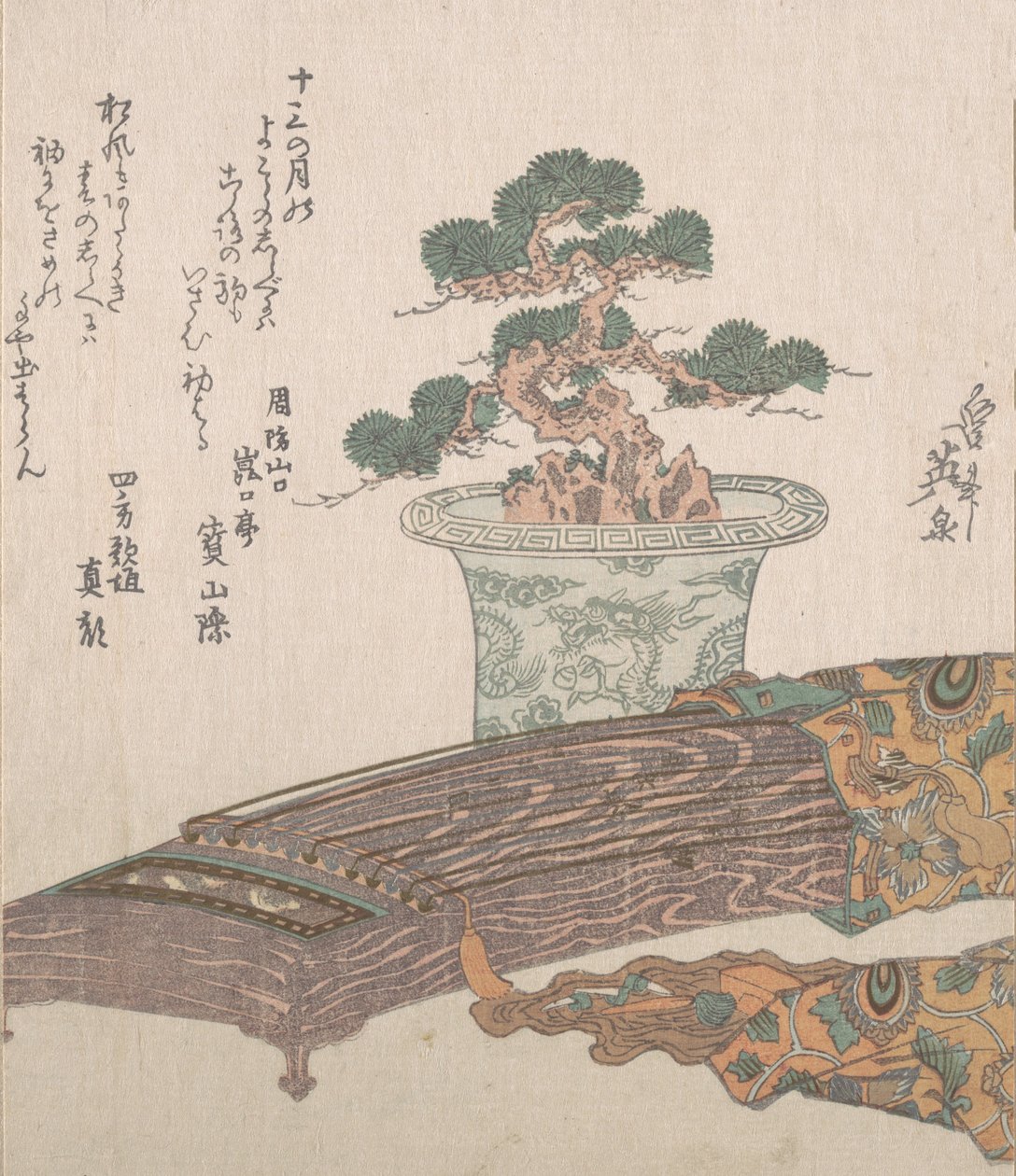 Cserepes fenyőfa és Koto japán hárfa, 19. század. alkotó: Ikeda Eisen