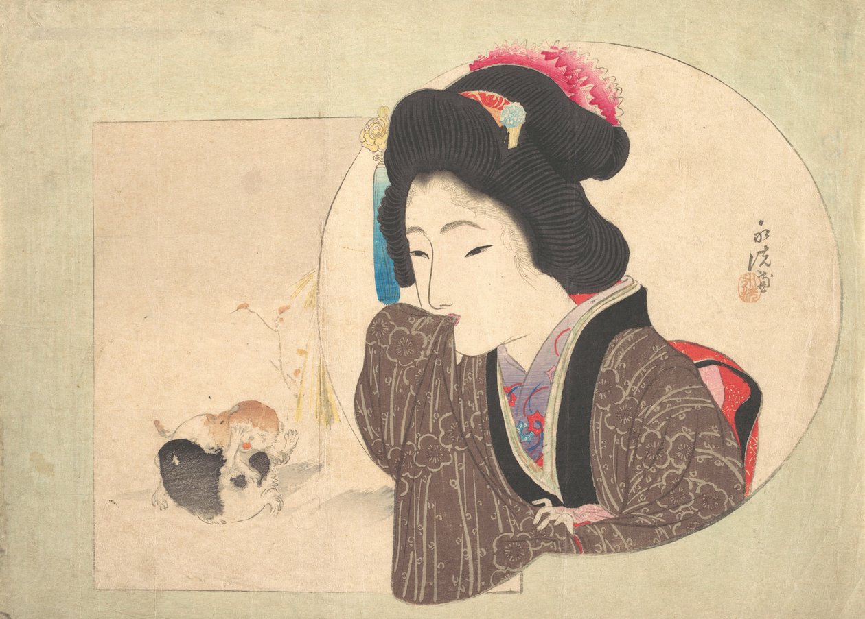 Nyomtatás [nő és kölykök], 19. század eleje-közepe. alkotó: Ikeda Eisen