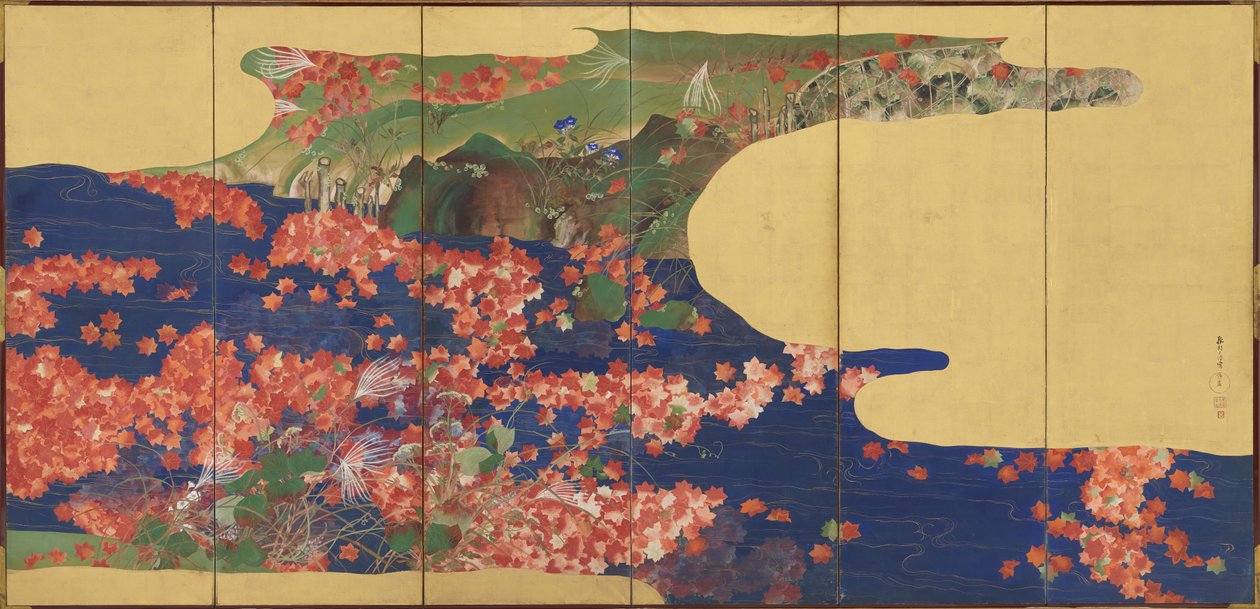 Juharlevelek patakon, hat paneles képernyő, Edo-korszak, 1856-58 (tinta és szín aranyozott papíron) alkotó: Ikeda Koson