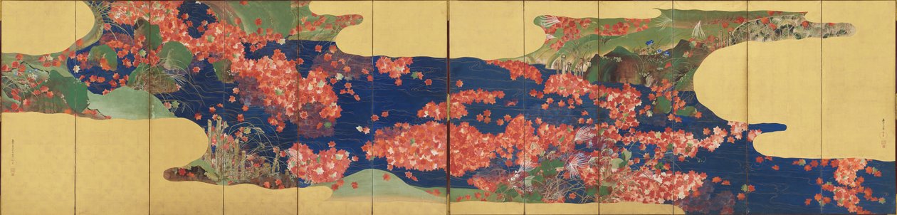 Juharlevelek patakon, hat paneles képernyő, Edo-korszak, 1856-58 (tinta és szín aranyozott papíron) alkotó: Ikeda Koson