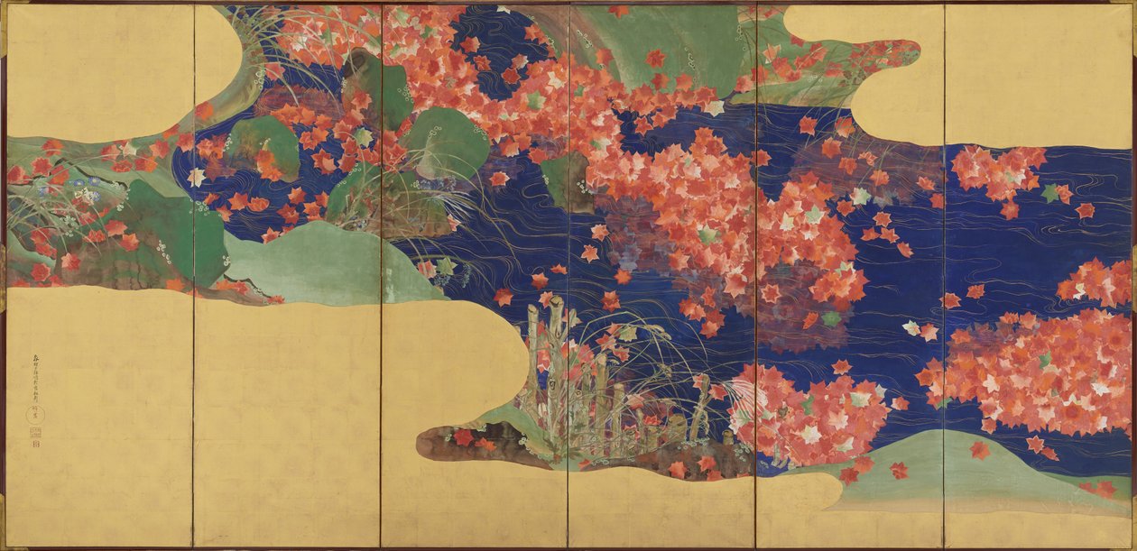 Juharlevelek a patakon, hat paneles képernyő, Edo-korszak, 1856-58 alkotó: Ikeda Koson