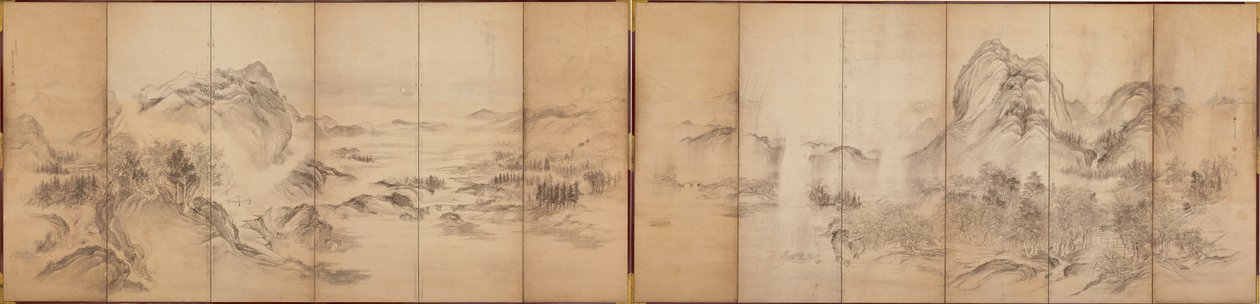 Mountain Views, hatpaneles képernyő hátoldala, Edo-korszak, 1856-58 (papíron mosva) alkotó: Ikeda Koson