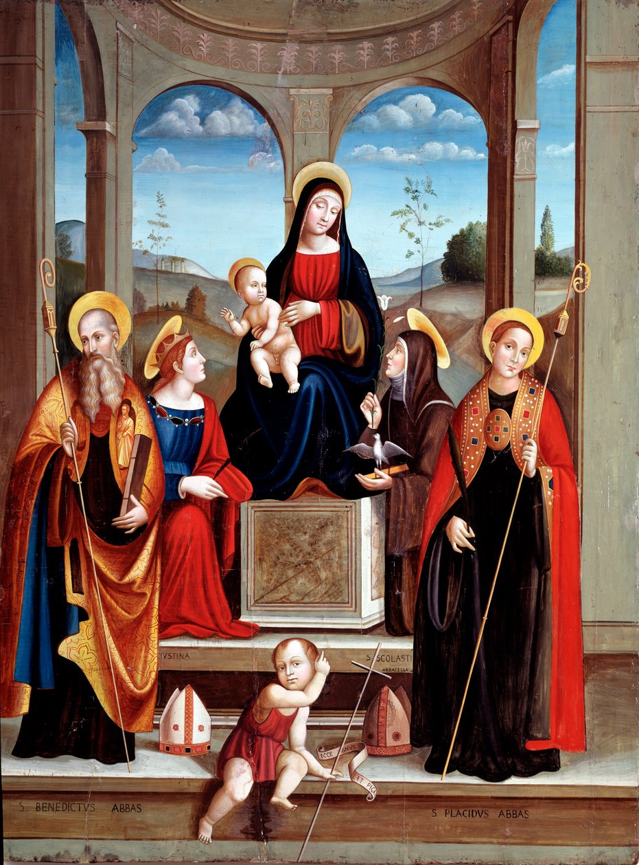 Madonna a gyermekkel és Nursiai Szent Benedekkel, Justine, Placide és Scolastica (olaj, fa, 1515 körül) alkotó: Il  Francia
