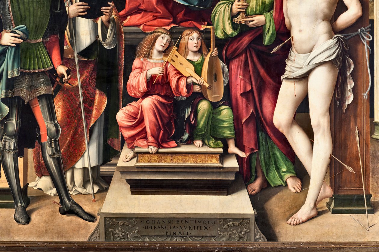 Zenészek angyalai, Szűz gyermekével és Szent Prokulusszal, Szent János evangélista, Szent Ágoston, Szent Sebestyén részlete (festmény alkotó: Il  Francia