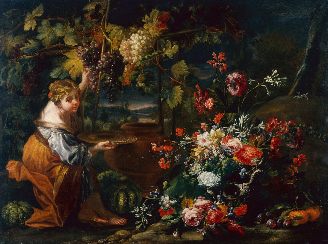 Fiatal lány szőlőt szed (olaj, vászon) alkotó: Il and Brueghel Abraham Borgognone