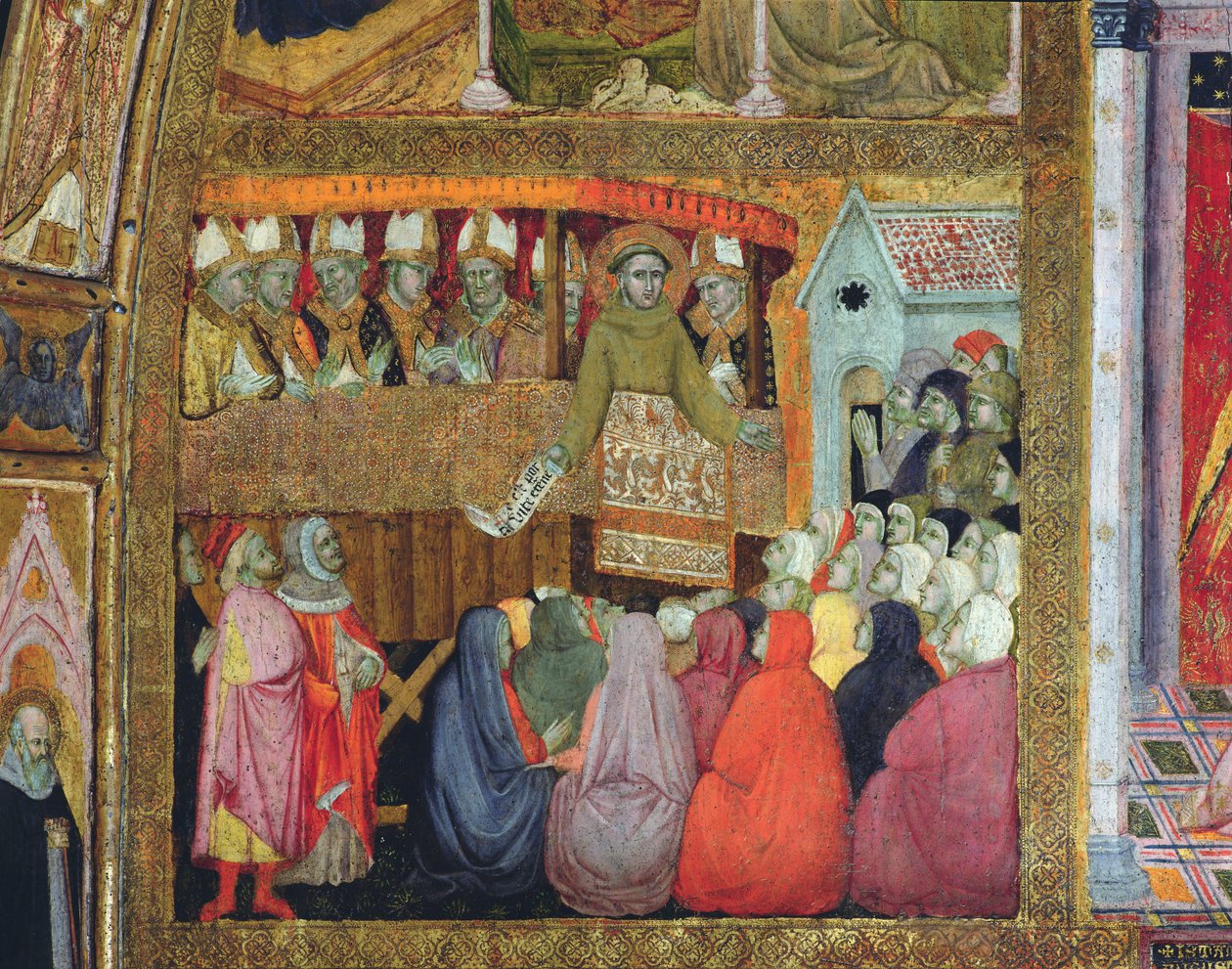 Szent Ferenc kihirdeti a búcsút az umbriai püspökök kíséretében, freskó a Porziuncoláról, 1393 alkotó: Ilario da Viterbo