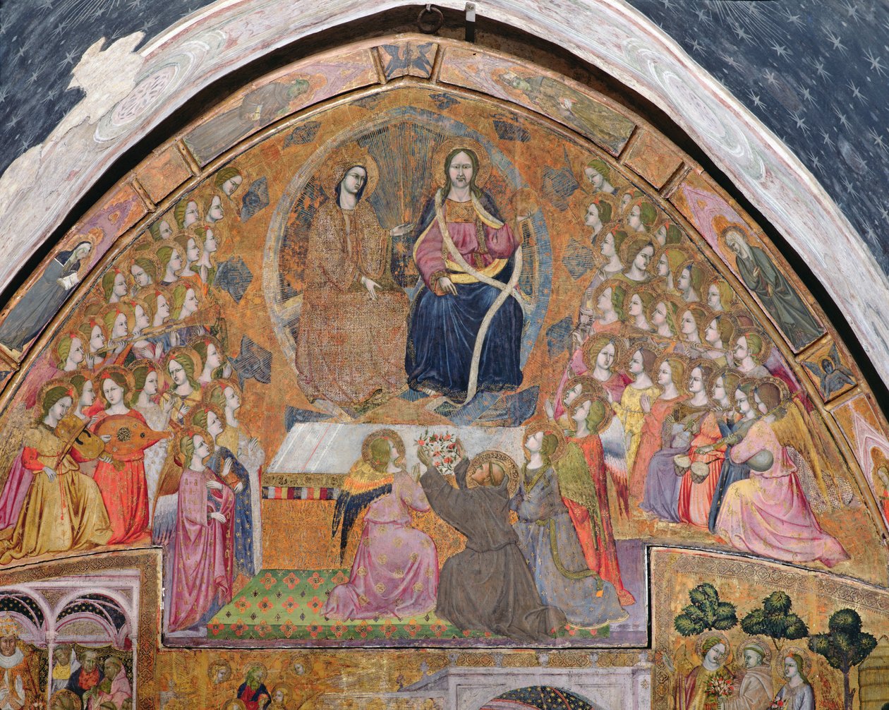 Szent Ferenc rózsát kínál Krisztus és Szűz Mária jelenésének, freskó a Porziuncola-ból, 1393 alkotó: Ilario da Viterbo