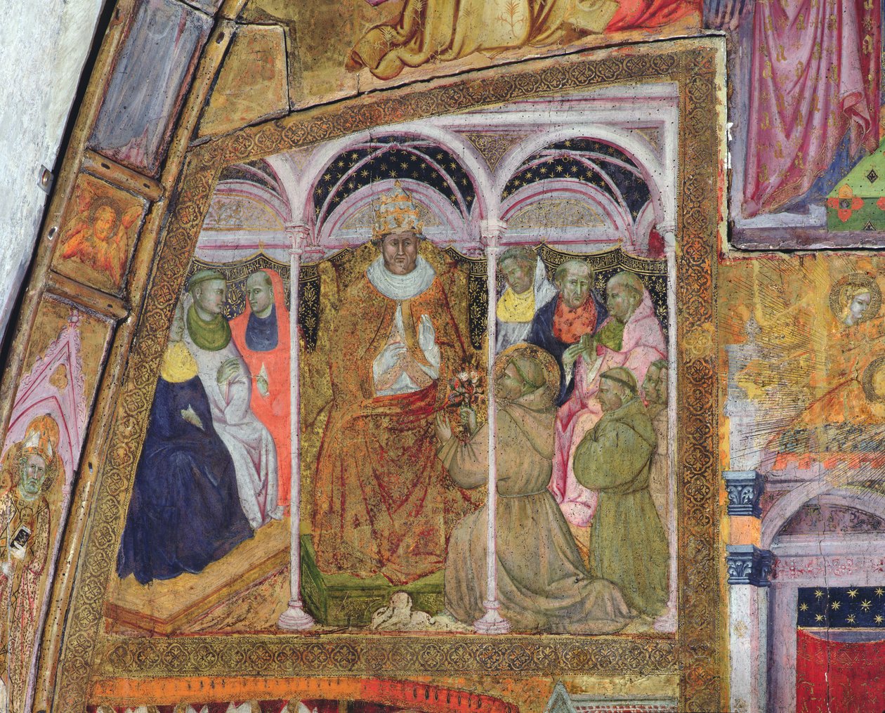Szent Ferenc könyörgő III. Honorius pápához a búcsú megerősítésére, a Porziuncola freskója, 1393 alkotó: Ilario da Viterbo