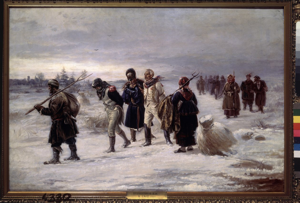 1812. (A Napóleon Nagy Hadseregéből elfogott foglyok kimerülten, orosz parasztok kíséretében sétálnak a hóban). Illarion Mihajlovics Prjanisnyikov (1840-1894) festménye, olaj, vászon alkotó: Illarion Mikhailovich Pryanishnikov