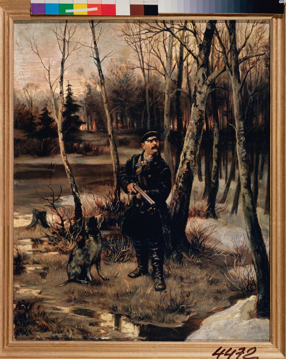 Fakakasvadászat – Az erdei kakaslövés – Illarion Mihajlovics Prjanisnyikov (1840-1894) festménye, olaj, vászon alkotó: Illarion Mikhailovich Pryanishnikov