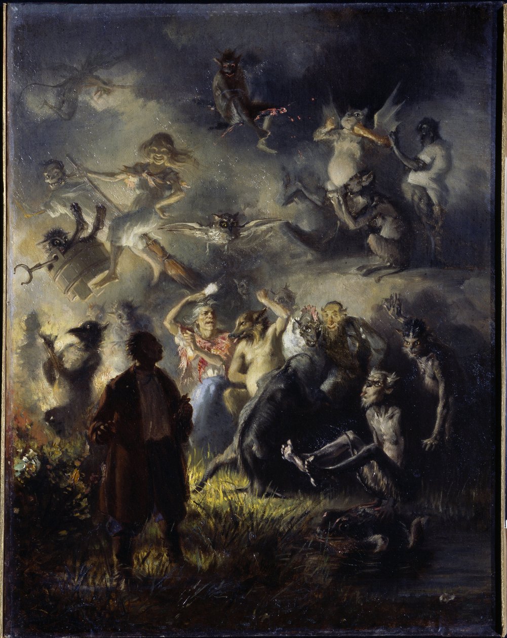 Éjszaka a Kopasz-hegyen. A nyári napforduló megünneplése, Ivan Kupala szláv ünnepe (egyenértékű Szent János ünnepével), keverve a pogányság hagyományos figuráit a keresztény ortodox hagyományokkal. festése alkotó: Illarion Mikhailovich Pryanishnikov