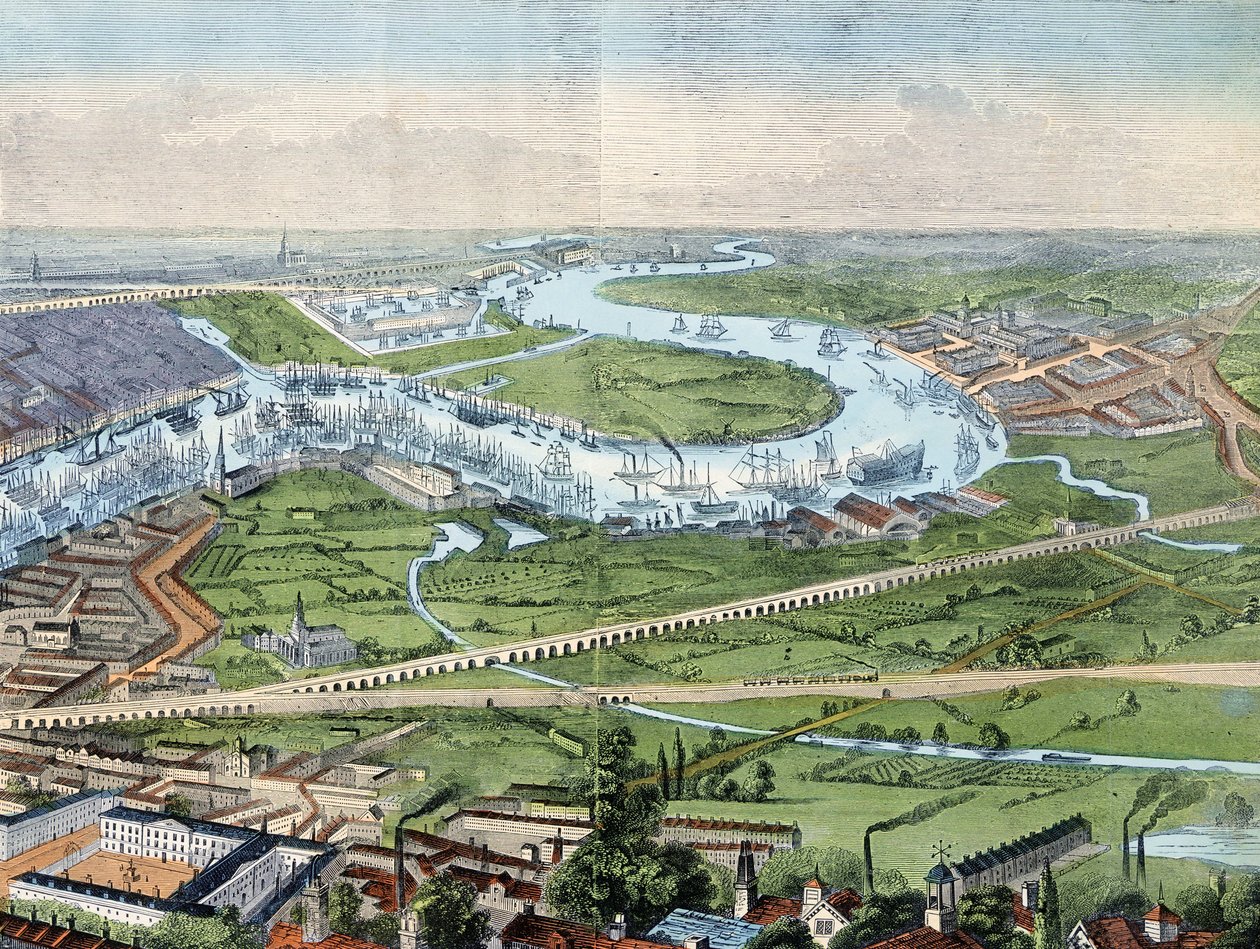 nyomtatás; színes metszet- London panoráma és a Temze alkotó: Illustrated London News