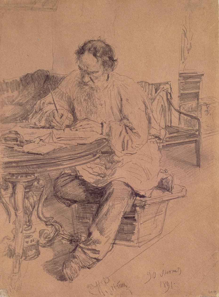 Lev Nyikolajevics Tolsztoj (1828-1910) munka közben, 1891 alkotó: Ilya Efimovich Repin