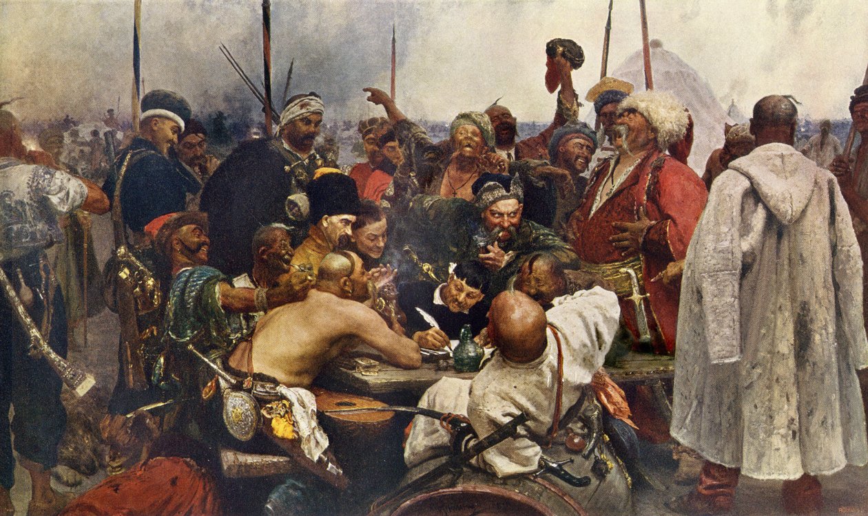 A zaporogues-i kozákok válasza IV. Mehmet szultánnak (Muhammad, Mehmet, Mehmed, Mahmoud) (1642-1693) Törökországból 19. századi metszet Ilja Repine festménye után. Orosz kozákok gyűlöletüzenetet küldenek Constan török hadseregének alkotó: Ilya Efimovich (after) Repin