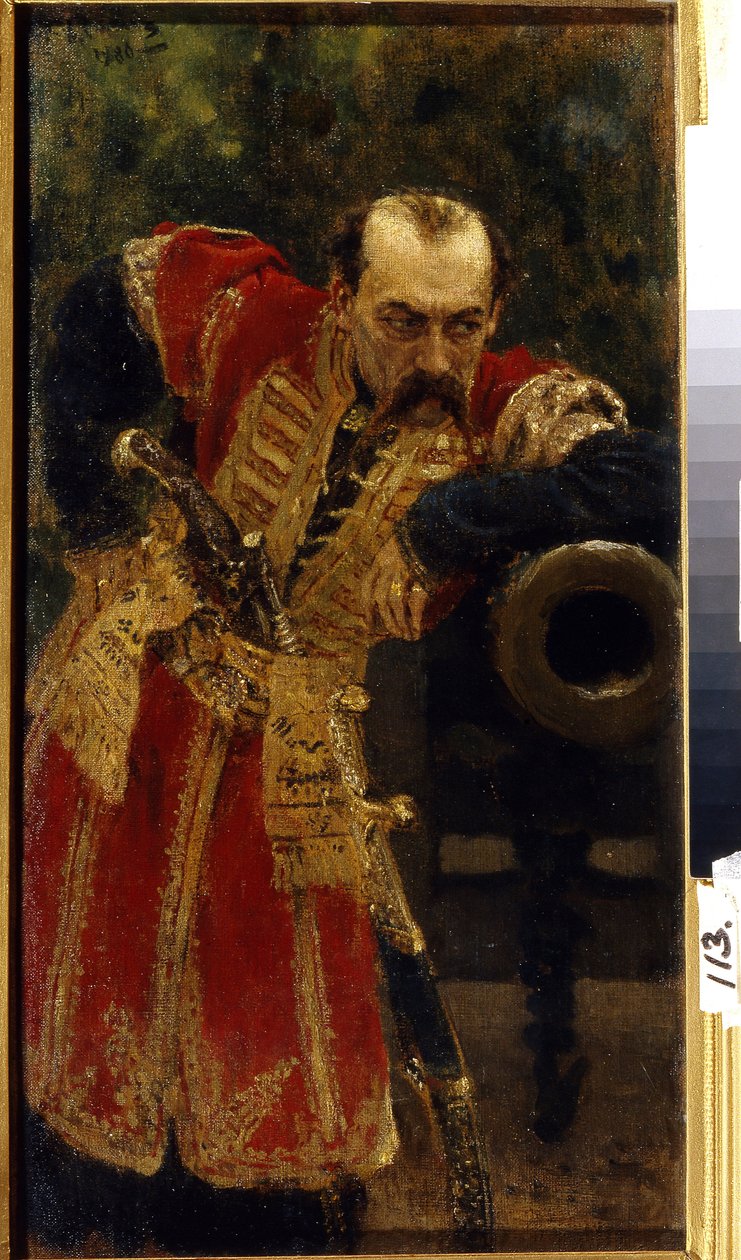 zaporozsi kozák ezredes. (A zaporizzsai sereg ezredese). Egyenruhában hosszú puska csúszik az övébe, egy csövű orrára támaszkodik, figyelő és dacos tekintettel. Ilja Jefimovics Repin (Ilia Repin) festménye (1844-1930), alkotó: Ilya Efimovich Repin
