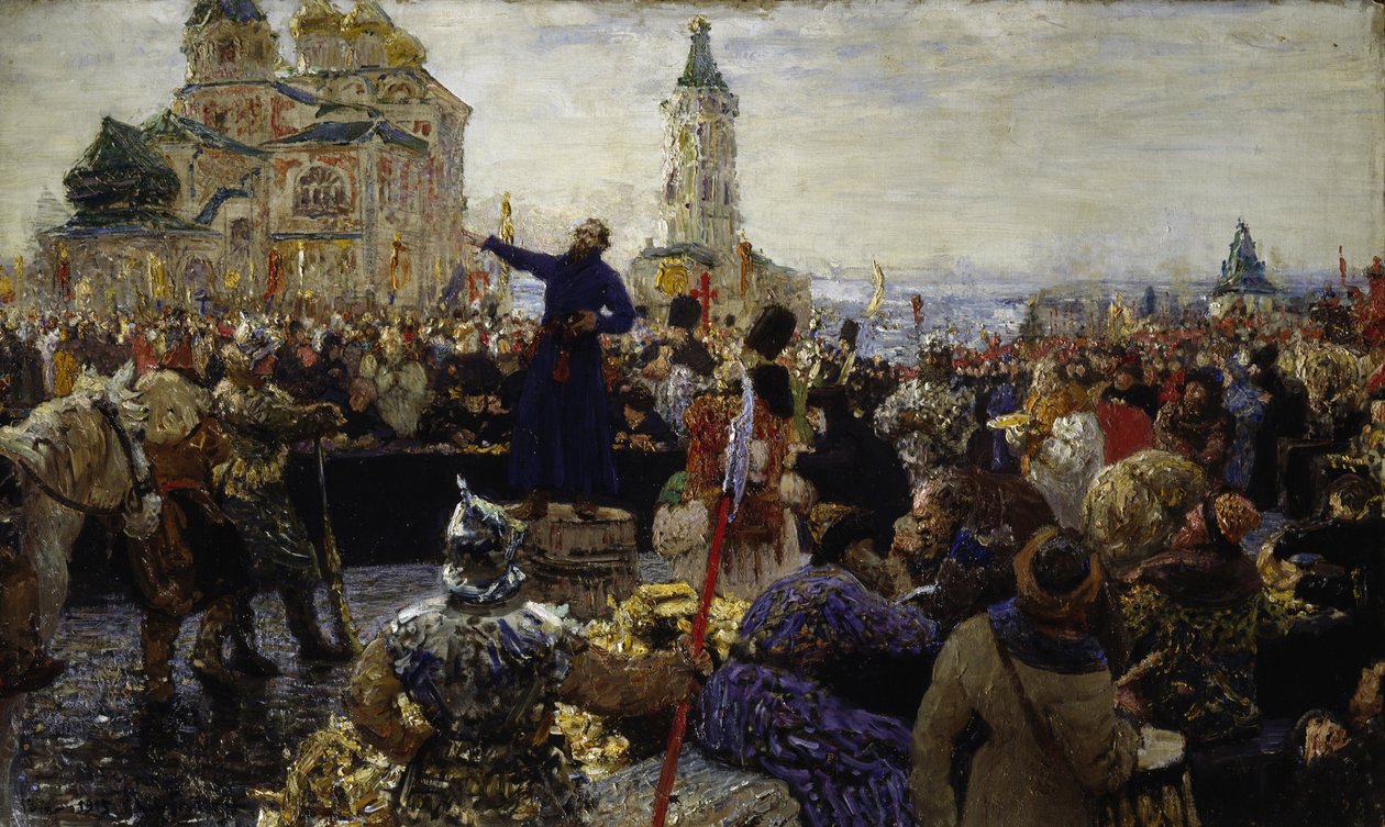 Kouzma (Kuzma) Minin (meghalt 1616-ban) Nyizsnyij Novgorod népét hívja 1611-ben (Moszkva népét a lengyelek ellen emelte) (Minin 1611-ben folyamodik a nyizsnyijnovgorodiakhoz) - Ilja Jefimovics Repin (1844-1930) festménye ), olajfestmény alkotó: Ilya Efimovich Repin