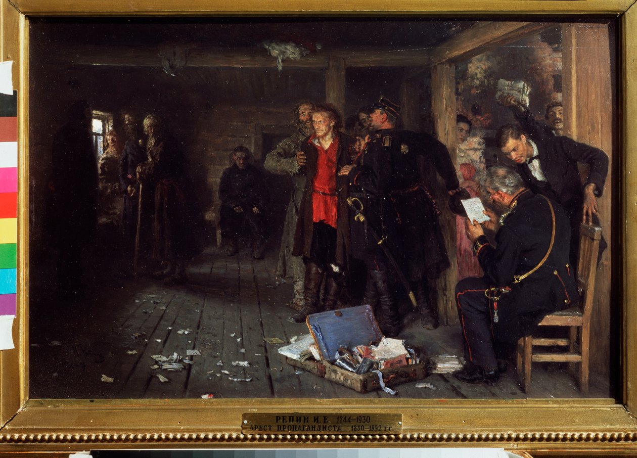 A propagandista letartóztatása. Ilja Repin (Ilia Repin) (1844-1930) festménye, olaj, fa alkotó: Ilya Efimovich Repin